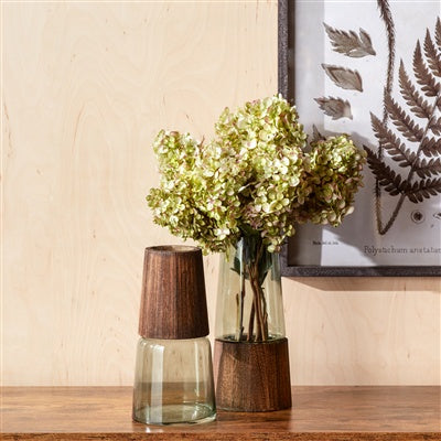 11" TALL SMOKEY BLUE GLASS AND WOOD VASE