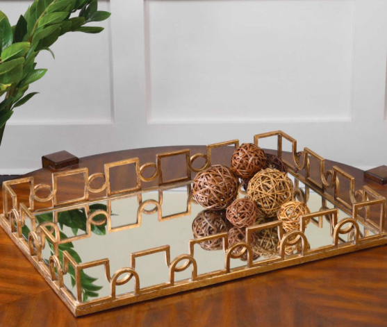 BRASS PATINA MIRRORED TRAY 27X18