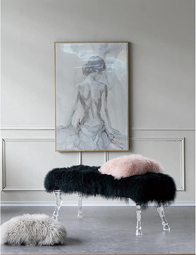 CONTEMPORARY BLACK FAUX MONGOLIAN SHEEPSKIN BENCH