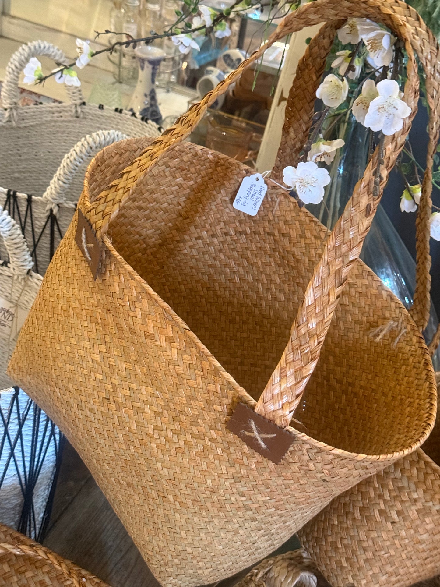 Hand Woven Straw Shoppping Basket - Lg
